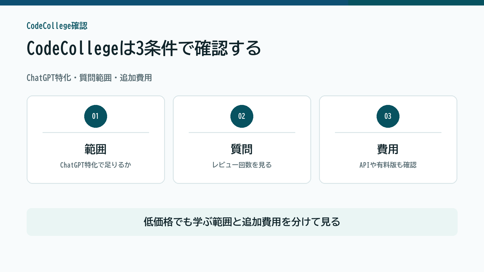 CodeCollegeはじめてのChatGPTコースをChatGPT特化、質問範囲、追加費用で確認する図解